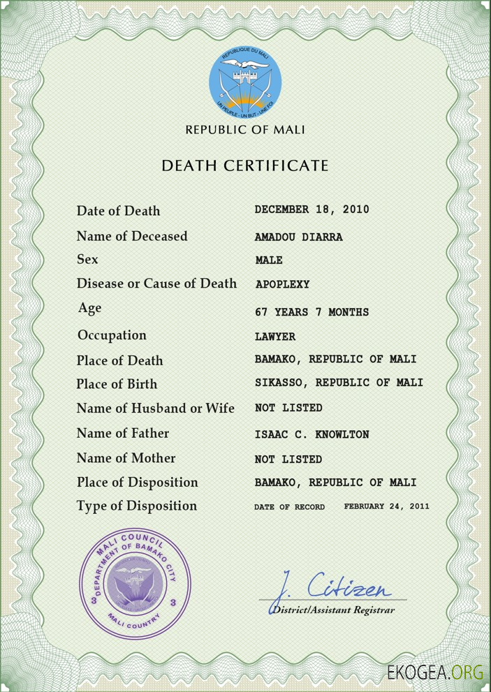 Modèle PSD de certificat de décès du Mali